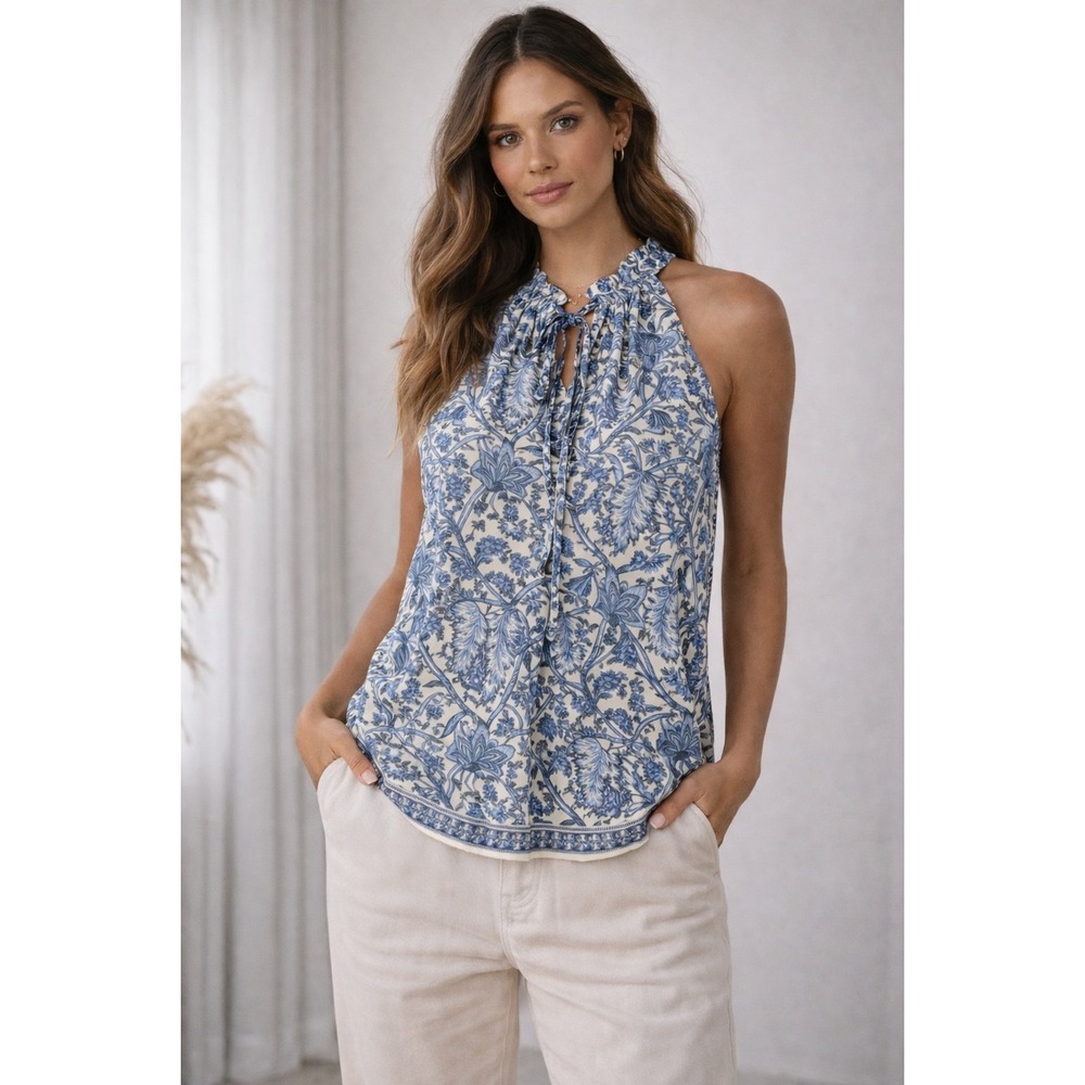 Max Studio Blue & Cream Floral Halter Blouse Tie Neck Sz M Flowy Sleeveless Top